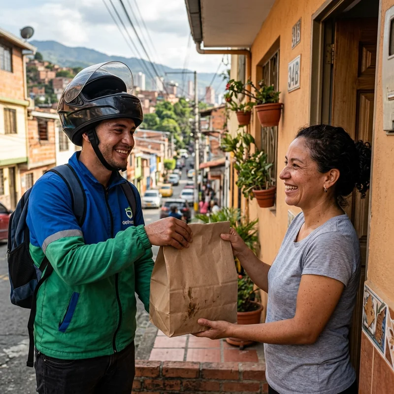 Repartidor local entregando pedidos de ofertas diarias en Tunja